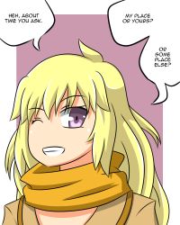 Rule 34 | 1girl, ahoge, blonde hair, english text, grin, highres, long hair, lunarisaileron, no nose, one eye closed, orange scarf, outside border, portrait, purple background, purple eyes, rwby, scarf, simple background, smile, solo, speech bubble, yang xiao long