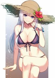Rule 34 | 1girl, alternate costume, aosaki yukina, arm support, azur lane, bangle, belfast (azur lane), bikini, blue eyes, blush, bracelet, breasts, cleavage, collarbone, crossed legs, front-tie bikini top, front-tie top, hand on own head, hand to own head, hat, head tilt, jewelry, large breasts, long hair, looking at viewer, navel, parted lips, purple bikini, sidelocks, silver hair, sitting, smile, solo, stomach, straw hat, sun hat, swimsuit, thighs