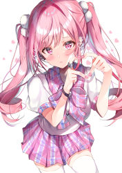 1girl absurdres arms_up blush bow closed_mouth collared_shirt commentary_request earrings heart heart_background heart_earrings heart_hands highres jewelry long_hair looking_at_viewer nail_polish nenobi_(nenorium) original pink_bow pink_hair pink_nails pink_skirt plaid_bow plaid_clothes plaid_skirt pleated_skirt puffy_short_sleeves puffy_sleeves purple_eyes ringlets shirt short_sleeves simple_background skirt solo thighhighs twintails very_long_hair white_background white_shirt white_thighhighs