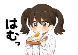 Rule 34 | 10s, 1girl, aged down, bad id, bad twitter id, bread slice, brown eyes, brown hair, commentary request, egg, egg (food), food, food in mouth, fried egg, fried egg on toast, ishihara saika, kantai collection, long sleeves, ryuujou (kancolle), short hair, simple background, solo, toast, twintails, white background