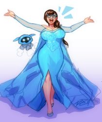 Rule 34 | 1girl, ^ ^, alternate hairstyle, bad id, bad twitter id, blue-framed eyewear, blue dress, breasts, cleavage, closed eyes, commentary, cosplay, curvy, dress, drone, elsa (frozen), elsa (frozen) (cosplay), closed eyes, frozen (disney), full body, glasses, hair over shoulder, highres, large breasts, long dress, long hair, mei (overwatch), music, open mouth, outstretched arms, overwatch, overwatch 1, robaato, see-through, singing, snowball (overwatch), solo, walking