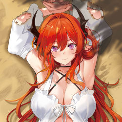 Rule 34 | 1girl, arknights, armpits, arms up, black choker, blush, breasts, burnt clothes, choker, cirnos, closed mouth, collarbone, criss-cross halter, day, detached sleeves, hair ornament, halterneck, horns, large breasts, long hair, long sleeves, lying, official alternate costume, on back, on ground, outdoors, own hands together, purple eyes, red hair, sand, smile, solo, star (symbol), star hair ornament, sunlight, surtr (arknights), surtr (colorful wonderland) (arknights), swimsuit cover-up, upper body, very long hair