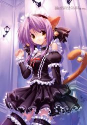 Rule 34 | 1girl, animal ears, bell, black thighhighs, cat ears, cat tail, earrings, frilled thighhighs, frills, goth fashion, gothic lolita, highres, jewelry, jingle bell, lingerie, lolita fashion, original, petticoat, purple hair, short hair, solo, tail, tail bell, tail ornament, thighhighs, ueda ryou, underwear, yellow eyes