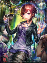 Rule 34 | 10s, 2013, 2boys, 2girls, bottle, brown hair, cross, esphy, furyou michi ~gang road~, glowing, halterneck, jacket, leather, leather jacket, multiple boys, multiple girls, official art, open mouth, original, purple eyes, ripped jeans, short hair, smile, solo focus, sparkle, sunglasses, torn clothes