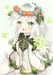 absurdres bare_shoulders bloomers blue_flower blush bracelet commentary_request dendro_symbol_(genshin_impact) detached_sleeves dress flower flower_wreath genshin_impact gold_trim gradient_hair green_eyes green_hair green_sleeves hair_between_eyes hair_ornament head_wreath highres jewelry kawasumi_uo leaf_hair_ornament long_hair looking_at_viewer multicolored_hair nahida_(genshin_impact) open_mouth pointy_ears red_flower side_ponytail sitting sleeveless sleeveless_dress star-shaped_pupils star_(symbol) stirrup_legwear symbol-shaped_pupils toeless_legwear toes underwear white_background white_bloomers white_dress white_hair