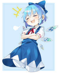 Rule 34 | +++, 1girl, bloomers, blue background, blue bow, blue dress, blue hair, bow, cirno, collared shirt, cropped legs, crossed arms, dress, closed eyes, facing viewer, fang, hair bow, highres, ice, ice wings, laughing, neck ribbon, open mouth, puffy short sleeves, puffy sleeves, red ribbon, ribbon, ribbon-trimmed sleeves, ribbon trim, shirt, short hair, short sleeves, smile, solo, touhou, underwear, white shirt, wing collar, wings, yunekoko