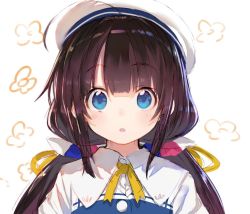 Rule 34 | 10s, 1girl, beret, black hair, blue eyes, blush, floral background, hat, hinatsuru ai, long hair, looking at viewer, low twintails, parted lips, ryuuou no oshigoto!, shirabi, solo, tareme, twintails, upper body