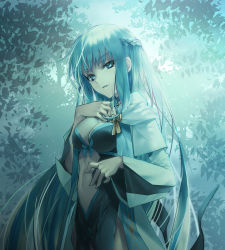 Rule 34 | 1girl, backlighting, black dress, blue eyes, braid, breasts, capelet, center opening, choker, cleavage, dress, fate/grand order, fate (series), forest, french braid, grey hair, highres, kuroaki, large breasts, long hair, long sleeves, looking at viewer, morgan le fay (fate), nature, parted lips, pelvic curtain, revision, sidelocks, smile, solo, tree, two-tone dress, very long hair, white capelet, white dress, wide sleeves
