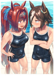 Rule 34 | 2girls, animal ears, bare arms, black one-piece swimsuit, blue one-piece swimsuit, blush, border, breasts, brown eyes, brown hair, collarbone, competition school swimsuit, covered navel, cowboy shot, crossed arms, daiwa scarlet (umamusume), day, eye contact, fang, from above, grin, hair between eyes, hair intakes, hair ornament, hair over one eye, hairclip, hand on own hip, highres, horse ears, horse girl, horse tail, large breasts, long hair, looking at another, medium breasts, multicolored hair, multiple girls, nose, one-piece swimsuit, one eye covered, open mouth, ponytail, poolside, profile, red eyes, red hair, school swimsuit, shiden (sashimi no wife), short hair, shorts, small breasts, smile, standing, swimsuit, tail, teeth, tiara, twintails, two-tone hair, umamusume, v-shaped eyebrows, very long hair, vodka (umamusume), water, wet, white hair