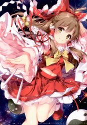 Rule 34 | 1girl, absurdres, arm up, bell, blush, bow, bowtie, brown eyes, closed mouth, detached sleeves, fingernails, floating hair, gohei, hair between eyes, hair bow, hair tubes, hakurei reimu, highres, jingle bell, light brown hair, long hair, long sleeves, midriff peek, mochizuki shiina, navel, outstretched arm, red bow, red ribbon, red shirt, red skirt, ribbon, ribbon-trimmed sleeves, ribbon trim, scan, shirt, simple background, skirt, sleeveless, sleeveless shirt, smile, solo, space, touhou, very long hair, wide sleeves, yellow bow, yellow bowtie, yin yang