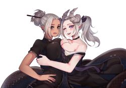 Rule 34 | 2girls, asymmetrical docking, awee, black dress, borrowed character, breast press, breasts, cleavage, collarbone, commentary, dark-skinned female, dark skin, demon girl, demon horns, dress, english commentary, grey hair, hair bun, hair ornament, hair stick, highres, horns, lamia, large breasts, licking lips, looking at viewer, monster girl, multiple girls, one eye closed, open mouth, original, pointy ears, ponytail, purple eyes, second-party source, smile, tongue, tongue out, white background