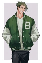 Rule 34 | 1boy, achilles (fate), black pants, border, brown eyes, buttons, fate/grand order, fate (series), green hair, grey background, grin, hands in pockets, haruakira, highres, jacket, letterman jacket, looking to the side, male focus, pants, shirt, sideburns, smile, solo, undercut, white border, white shirt