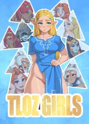 Rule 34 | bad id, bad twitter id, blonde hair, blue eyes, blush, braid, breasts, brown hair, clothes lift, dark-skinned female, dark skin, green eyes, hair ornament, hairclip, highres, hyrule warriors: age of calamity, impa, long hair, malon, medium breasts, midna, midna (true), multiple girls, naked shirt, nervous, nervous smile, nintendo, paid reward available, parted bangs, paya (zelda), pelvic curtain, pointy ears, princess zelda, red hair, riju, riz, shirt, shirt lift, smile, solo, sweat, the legend of zelda, the legend of zelda: breath of the wild, the legend of zelda: ocarina of time, the legend of zelda: twilight princess, thick eyebrows, thick thighs, thighs, urbosa, white hair