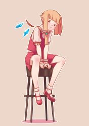 Rule 34 | 1girl, absurdres, ascot, blunt bangs, crystal, flandre scarlet, full body, highres, looking at viewer, mary janes, pointy ears, shoes, short sleeves, side ponytail, simple background, sitting, socks, stool, touhou, white socks, wings, yellow ascot, yoruny
