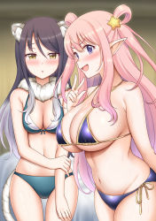 Rule 34 | 2girls, animal ears, bare shoulders, bikini, black hair, blurry, blurry background, blush, breasts, commentary, cowboy shot, from side, gradient hair, hair between eyes, hair ornament, hair rings, hand on own arm, hand up, hatsune (princess connect!), highres, long hair, looking at viewer, medium breasts, micro bikini, multicolored hair, multiple girls, navel, open mouth, parted lips, pointy ears, princess connect!, purple eyes, raised eyebrows, shiori (princess connect!), siblings, side-tie bikini bottom, sisters, star (symbol), star hair ornament, string bikini, sweat, swimsuit, tail, thighs, tiger ears, tiger tail, underboob, v-shaped eyebrows, w, yellow eyes, yue (show-ei)