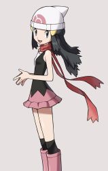 Rule 34 | 1girl, bad id, bad twitter id, beanie, black hair, black thighhighs, boots, creatures (company), dawn (pokemon), eyelashes, floating hair, floating scarf, from side, game freak, grey background, grey eyes, hair ornament, hairclip, hat, highres, knees, long hair, looking at viewer, nintendo, open mouth, over-kneehighs, own hands together, pink footwear, pokemon, pokemon dppt, red scarf, scarf, sidelocks, simple background, smile, solo, thighhighs, tongue, white hat, yoshi (moco1)