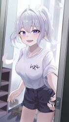 Rule 34 | 1girl, absurdres, arch a4, blue shorts, blurry, blush, breasts, commentary, cowboy shot, depth of field, doorway, falling feathers, feathers, grey hair, highres, indoors, ine (vtuber), large breasts, looking ahead, open mouth, opening door, ponytail, pov doorway, purple eyes, shirt, shirt tucked in, short hair, short shorts, short sleeves, shorts, smile, solo, standing, virtual youtuber, waktaverse, white shirt
