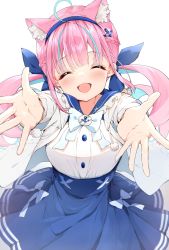 Rule 34 | 1girl, :d, ^ ^, ahoge, animal ear fluff, animal ears, blue bow, blue hair, blue hairband, blue ribbon, blue sailor collar, blue skirt, blush, bow, breasts, cat ears, closed eyes, colored inner hair, commentary request, darjeeling (reley), frilled sailor collar, frills, hair ribbon, hairband, high-waist skirt, highres, hololive, incoming hug, jacket, long hair, long sleeves, minato aqua, minato aqua (sailor), multicolored hair, open clothes, open jacket, open mouth, outstretched arms, pink hair, pleated skirt, ribbon, sailor collar, shirt, simple background, skirt, smile, solo, standing, two-tone hair, virtual youtuber, white jacket, white shirt