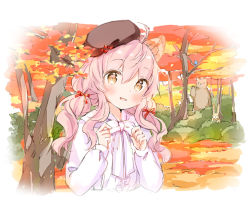 Rule 34 | 1girl, ahoge, animal, animal ear fluff, animal ears, autumn leaves, bear, beret, bird, blush, bow, brown eyes, brown hat, center frills, commentary request, day, forest, frills, hair between eyes, hair ribbon, hands up, hat, long hair, long sleeves, low twintails, nature, original, outdoors, parted lips, pink hair, puffy long sleeves, puffy sleeves, rabbit, red ribbon, ribbon, shirt, sleeves past wrists, smile, solo, tilted headwear, tree, twintails, upper body, wataame27, white bow, white shirt, wolf ears