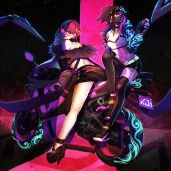 Rule 34 | 2girls, absurdres, adjusting eyewear, adjusting glasses, akali, ass, asymmetrical clothes, back, bandeau, bare shoulders, baseball cap, black choker, bodypaint, breasts, brown hair, choker, claw (weapon), commentary, covered mouth, cropped jacket, detached sleeves, earrings, english commentary, evelynn (league of legends), feather boa, flat ass, glasses, hair ornament, hairclip, hat, high heels, highres, idol, jacket, jewelry, k/da (league of legends), k/da akali, k/da evelynn, league of legends, long hair, long legs, looking at viewer, mask, medium breasts, midriff, miniskirt, monori rogue, motor vehicle, motorcycle, mouth mask, multiple girls, neon, open clothes, open jacket, pince-nez, pink-tinted eyewear, pink-tinted glasses, pink hair, ponytail, round eyewear, shoes, single pantsleg, single thighhigh, skirt, sneakers, spray can, straddling, sunglasses, thighhighs, tinted eyewear, ultraviolet light, weapon