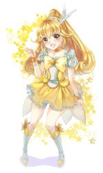 Rule 34 | 10s, 1girl, bike shorts, blonde hair, boots, bow, choker, cure peace, dress, hair flaps, highres, kise yayoi, long hair, magical girl, open mouth, ponytail, precure, skirt, smile, smile precure!, solo, star (symbol), tage (meyasubako), tiara, v, wrist cuffs, yellow bow, yellow dress, yellow eyes, yellow skirt, yellow theme