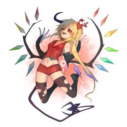 Rule 34 | 1girl, adapted costume, alternate costume, black gloves, black sclera, black thighhighs, blonde hair, breasts, cleavage, colored sclera, crystal, detached collar, elbow gloves, fangs, flandre scarlet, full body, gloves, hair ribbon, keemoringo, laevatein, looking at viewer, midriff, nail polish, navel, open mouth, red eyes, ribbon, shirt, shorts, side ponytail, sleeveless, small breasts, smile, solo, thighhighs, torn clothes, torn thighhighs, touhou, transparent background, unbuttoned, vest, wings, zettai ryouiki