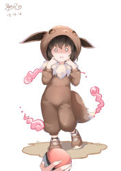 Rule 34 | 1girl, 1other, absurdres, brown footwear, brown hair, commentary request, cosplay, creatures (company), dated, eevee, eevee (cosplay), eevee tail, game freak, gen 1 pokemon, hands up, highres, holding, holding poke ball, hood, hood up, long sleeves, nainai, nintendo, npc trainer, o o, poke ball, poke ball (basic), poke kid (pokemon), pokemon, pokemon ears, pokemon swsh, pokemon tail, shaded face, shoes, short hair, signature, standing, tail
