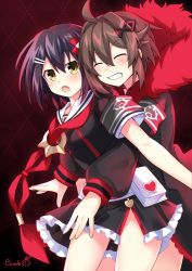 Rule 34 | 2girls, ahoge, akazukin (mary skelter), alice (mary skelter), artist name, belt pouch, binato lulu, black hair, black serafuku, black skirt, blush, brown hair, closed eyes, commentary request, commission, green eyes, grin, hair between eyes, hair ornament, heart, hood, hoodie, hug, hug from behind, long sleeves, looking at viewer, mary skelter, multiple girls, neckerchief, open mouth, plaid, plaid skirt, pouch, red neckerchief, sailor collar, school uniform, serafuku, short hair, short sleeves, sidelocks, skirt, smile, v-shaped eyebrows