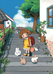 Rule 34 | 1girl, ahoge, backpack, bag, blue sky, brown eyes, brown hair, bush, buttons, child, cloud, collared dress, day, drawstring bag, dress, head tilt, highres, house, looking at animal, mamei mema, open mouth, original, outdoors, plant, pocket, potted plant, rabbit, railing, randoseru, red bag, shoes, short hair, short twintails, sky, sneakers, socks, solo, stairs, standing, tree, twintails, white socks, wide shot, yellow dress