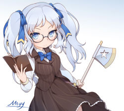 Rule 34 | 1girl, axe, blue bow, blue bowtie, blue eyes, blue hair, book, bow, bowtie, brown dress, closed mouth, dress, glasses, hair ribbon, holding, holding axe, holding book, looking at viewer, mtyy, name tag, pleated skirt, ribbon, shirt, simple background, skirt, solo, star (symbol), striped clothes, striped dress, twintails, waistcoat, warship girls r, washington (warship girls r), weapon