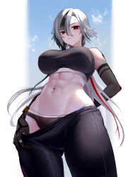Rule 34 | 1girl, absurdres, alternate costume, arlecchino (genshin impact), arm behind back, black eyes, black hair, black hands, black panties, black pants, black sports bra, border, breasts, closed mouth, clothes pull, colored extremities, disjoy, fading border, fingernails, genshin impact, grey hair, hair between eyes, highres, large breasts, long hair between eyes, looking at viewer, multicolored hair, navel piercing, panties, pants, pants pull, piercing, pulling own clothes, red hair, red pupils, sharp fingernails, simple background, solo, sports bra, streaked hair, symbol-shaped pupils, toned, underwear, x-shaped pupils