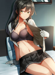 Rule 34 | 1girl, bed, bed sheet, black bra, black hair, black skirt, blush, bra, breasts, buttons, collarbone, drawing (object), gloves, hair between eyes, hair ornament, hairclip, highres, kamelie, kantai collection, long hair, medium breasts, navel, open clothes, open mouth, open shirt, oyashio (kancolle), oyashio kai ni (kancolle), pillow, pleated skirt, shirt, short sleeves, skirt, solo, underwear, white gloves, white shirt, yellow eyes
