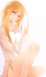 Rule 34 | 1girl, :d, asuna (sao), between legs, blonde hair, breasts, brown eyes, cleavage, collarbone, collared shirt, dress shirt, gluteal fold, hair between eyes, hand between legs, long hair, looking at viewer, medium breasts, naked shirt, open mouth, shirt, simple background, sitting, smile, solo, sword art online, tsukimori usako, very long hair, white background, white shirt, wing collar