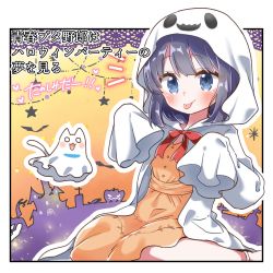 Rule 34 | 1girl, :p, absurdres, black hair, blue eyes, blush, bow, brown dress, cat, closed mouth, commentary request, dress, ghost costume, hands up, highres, hood, hood up, jack-o&#039;-lantern, jako (jakoo21), long sleeves, looking at viewer, makinohara shouko, notice lines, red bow, seishun buta yarou, sitting, sleeves past fingers, sleeves past wrists, smile, solo, tongue, tongue out, translation request, wariza