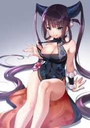 Rule 34 | 1girl, absurdres, bare shoulders, blue eyes, breasts, china dress, chinese clothes, cleavage, dress, fate/grand order, fate (series), gradient background, highres, large breasts, long hair, parted lips, purple hair, saruchitan, sitting, smile, solo, strap pull, thighs, twintails, very long hair, yang guifei (fate), yang guifei (second ascension) (fate)