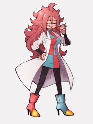 Rule 34 | 1girl, android 21, asymmetrical footwear, blue footwear, checkered clothes, checkered dress, dragon ball, dragon ball fighterz, dress, closed eyes, full body, glasses, grey background, hand on own hip, kemachiku, lab coat, long hair, open mouth, red footwear, red hair, simple background, smile, solo, standing, uneven footwear