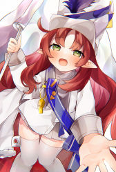 Rule 34 | 1girl, absurdres, arknights, blue sash, cape, drum major, flag, green eyes, hat, highres, holding, holding flag, long hair, looking at viewer, myrtle (arknights), myrtle (light gold celebration) (arknights), official alternate costume, open mouth, pointy ears, red hair, sash, shako cap, skirt, smile, solo, takumi mizuki, thighhighs, whistle, white cape, white flag, white hat, white skirt, white thighhighs