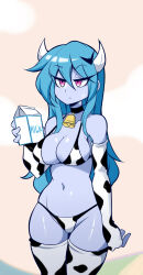 Rule 34 | 1girl, :&lt;, animal print, bikini, blue hair, blue skin, breasts, cleavage, colored skin, cow horns, cow print, cowboy shot, curvy, elbow gloves, expressionless, fake horns, gloves, highres, horns, large breasts, long hair, looking at viewer, lucy (lucyfer), lucyfer, milk, milk carton, navel, original, red eyes, shiny skin, shirt, simple background, solo, standing, swimsuit, thighhighs, thighs, thong, thong bikini, very long hair, wide hips