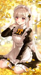 Rule 34 | 1girl, black dress, dot nose, dress, frills, highres, light blush, long hair, looking at viewer, maid, on ground, open mouth, original, poddo (potto), very long hair, yellow leaves