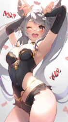 Rule 34 | 1girl, ;d, animal ears, armpits, arms up, bare shoulders, black choker, black leotard, braid, breasts, brown eyes, candy, choker, clothing cutout, contrapposto, covered navel, cowboy shot, detached sleeves, erune, food, fraux, gold trim, granblue fantasy, highres, leotard, long hair, long sleeves, looking at viewer, medium breasts, one eye closed, open mouth, pilokey, rabbit pose, side cutout, skindentation, smile, solo, thighs, twintails, very long hair