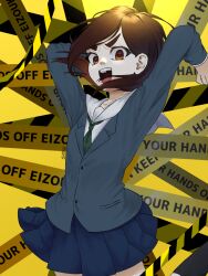 Rule 34 | 1girl, :d, arms up, artist name, blue jacket, blue skirt, bob cut, breasts, brown eyes, brown hair, caution tape, clothes lift, commentary, eizouken ni wa te wo dasu na!, english commentary, english text, excited, floating hair, green necktie, highres, inverted bob, jacket, jumping, looking at viewer, messy hair, mizusaki tsubame, necktie, open mouth, pleated skirt, sailor collar, sayuri 44444, school uniform, shirt, short hair, signature, skirt, skirt lift, small breasts, smile, solo, swept bangs, teeth, thick eyebrows, upper teeth only, v-shaped eyebrows, white sailor collar, white shirt, yellow background