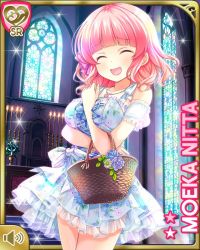 Rule 34 | 1girl, basket, bow, candle, character name, church, dress, flower, girlfriend (kari), hand on breasts, holding, indoors, laughing, nitta moeka, official art, open mouth, pink bow, pink hair, purple eyes, qp:flapper, short hair, smile, solo, standing, white bow, white dress, window