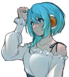 Rule 34 | 1girl, bare shoulders, blue eyes, blue hair, blue nails, blush, breasts, camisole, highres, jewelry, medium breasts, medium hair, mega man (series), mega man x (series), mega man x dive, myamata no, necklace, rico (mega man), robot ears, shirt, strapless, strapless shirt, upper body, white shirt