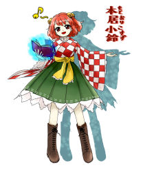 Rule 34 | 1girl, bell, book, boots, brown footwear, checkered clothes, checkered kimono, cross-laced footwear, hair bell, hair ornament, japanese clothes, kimono, knee boots, lace-up boots, motoori kosuzu, musical note, nokisakifuurin, red eyes, red hair, shadow, skirt, spoken musical note, touhou, translation request, zun (style)