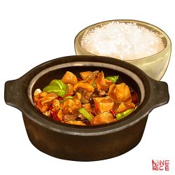 Rule 34 | absurdres, artist name, bell pepper, bowl, chicken (food), chinese food, commentary request, food, food focus, highres, jiumudao, meat, mushroom, no humans, original, pepper, pot, realistic, rice, simple background, still life, vegetable, white background