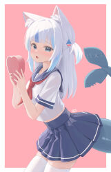 Rule 34 | 1girl, absurdres, animal ear fluff, animal ears, bite mark, blue hair, blunt bangs, blush, cat ears, fins, fish tail, fpvjoe, gawr gura, hair ornament, heart, highres, hololive, hololive english, looking at viewer, medium hair, midriff, multicolored hair, neckerchief, open mouth, pink background, pleated skirt, school uniform, serafuku, shark girl, shark hair ornament, shark tail, short sleeves, skirt, solo, stitches, streaked hair, tail, thighhighs, two-tone hair, two side up, virtual youtuber, white hair