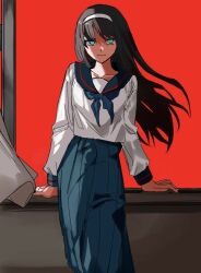 1girl aemono_(lemolemo_lmn) black_hair blue_eyes hairband highres long_hair long_skirt school_uniform serafuku skirt smile solo tohno_akiha tsukihime