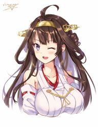 Rule 34 | 10s, 1girl, ;d, ahoge, artist name, bad id, bad pixiv id, blush, breasts, brown hair, detached sleeves, double bun, hairband, headgear, japanese clothes, kantai collection, kimono, kongou (kancolle), long hair, looking at viewer, medium breasts, nontraditional miko, one eye closed, open mouth, purple eyes, red ribbon, ribbon, ribbon-trimmed sleeves, ribbon trim, rin yuu, round teeth, signature, simple background, sleeveless, sleeveless kimono, smile, solo, teeth, white background, yellow ribbon