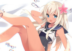 Rule 34 | 1girl, absurdres, black one-piece swimsuit, blonde hair, blue eyes, blue sailor collar, fathom, flower, hair between eyes, hair flower, hair ornament, highres, kantai collection, long hair, one-piece swimsuit, open mouth, pink flower, ro-500 (kancolle), sailor collar, sailor shirt, school swimsuit, shirt, sleeveless, sleeveless shirt, smile, solo, swimsuit, swimsuit under clothes, white shirt