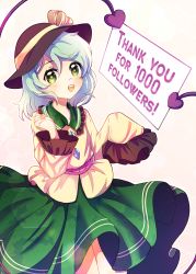 Rule 34 | 1girl, absurdres, black hat, blouse, blush, bow, collar, crystal, dungeon toaster, english text, frills, green collar, green eyes, green hair, green skirt, hair between eyes, hat, hat bow, heart, heart-shaped pupils, highres, holding, jewelry, komeiji koishi, light, long sleeves, looking at viewer, open mouth, shirt, short hair, skirt, smile, solo, standing, symbol-shaped pupils, third eye, touhou, wide sleeves, yellow bow, yellow shirt, yellow sleeves